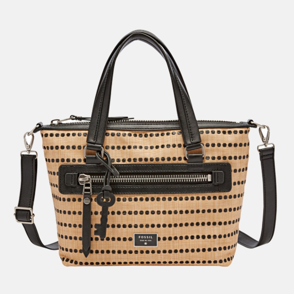 Fossil Nwot Dawson Raffia Straw Shoulder Crossbody Leather Trim Zip Entry Bag